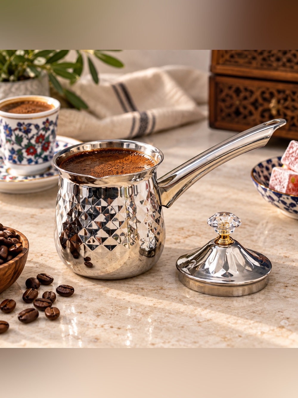Hammered Metal Turkish Coffee Pot Cezve Ibrik w/Lid Crystal Knob Long Handle